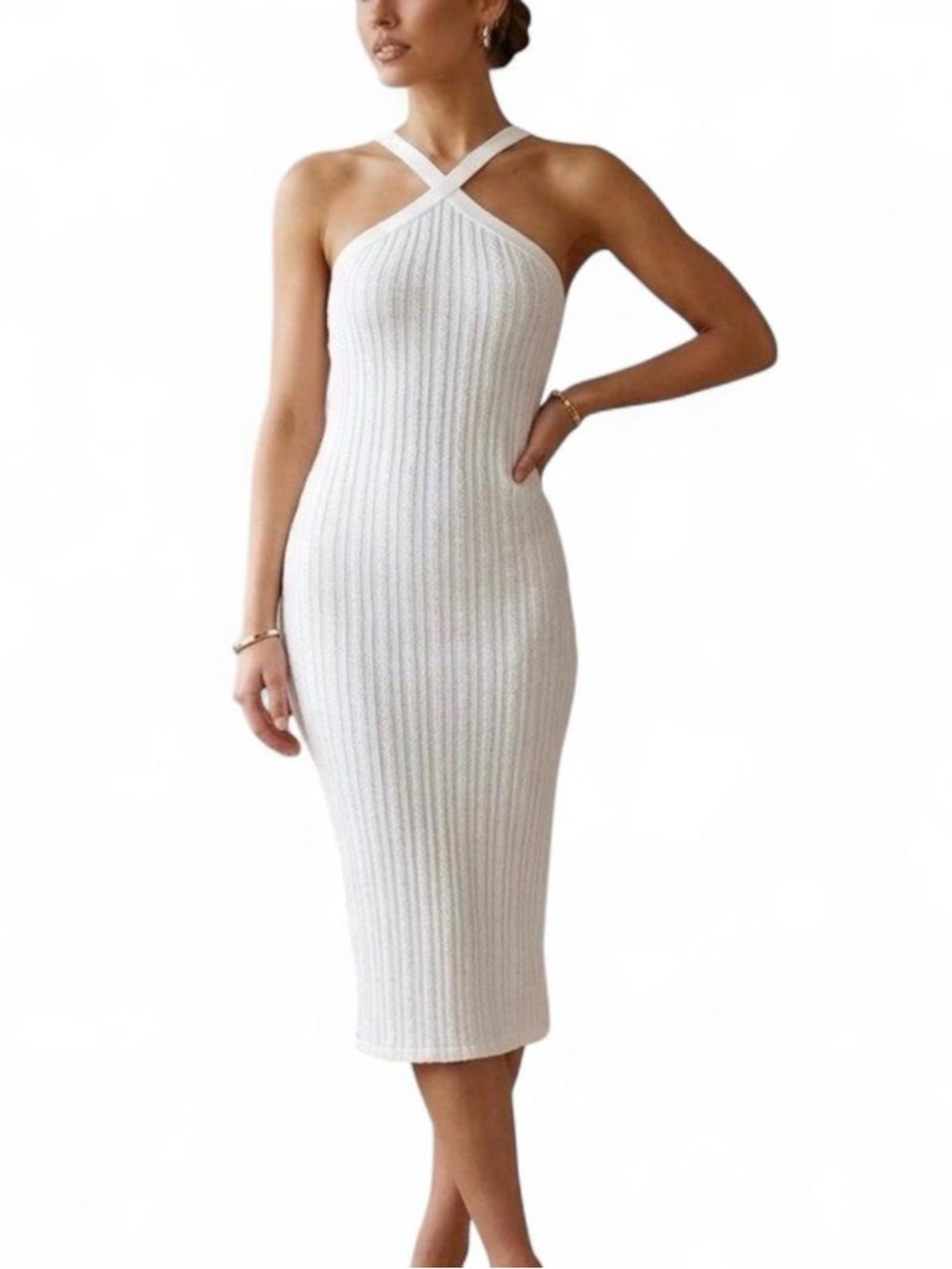ZARA NWT Textured Knit Elegant White Halter MIDI Length Dress